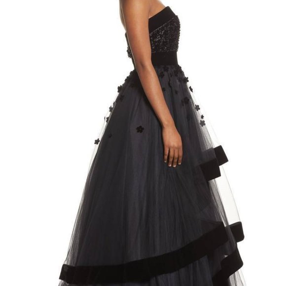 MAC DUGGAL 66346D FLORAL VELVET TRIM STRAPLESS BALL-GOWN sz 0 - Picture 3 of 10